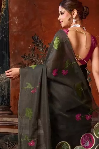 Grey khadi cotton blend jhallar saree