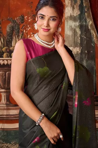 Grey khadi cotton blend jhallar saree