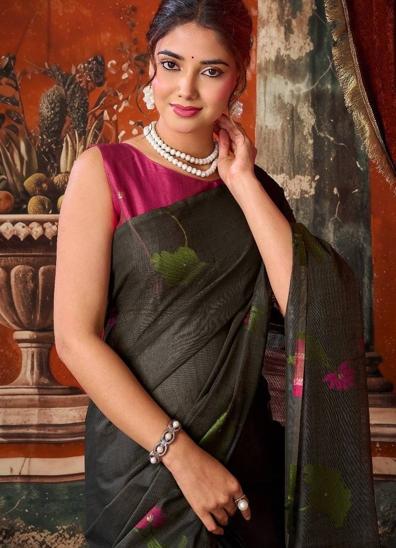 Grey khadi cotton blend jhallar saree