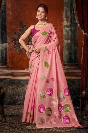 Pink khadi cotton blend jhallar saree