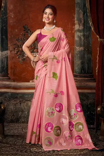 Pink khadi cotton blend jhallar saree