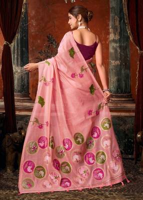 Pink khadi cotton blend jhallar saree 2