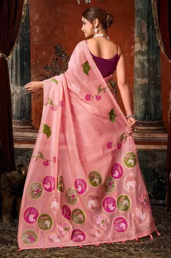 Pink khadi cotton blend jhallar saree