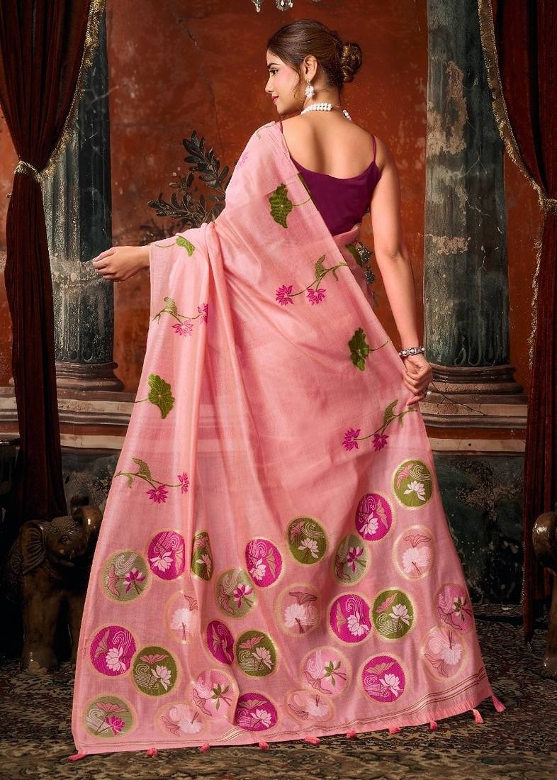 Pink khadi cotton blend jhallar saree