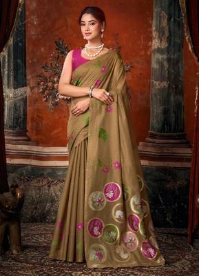 Brown khadi cotton blend jhallar saree 1