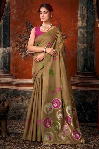 Brown khadi cotton blend jhallar saree