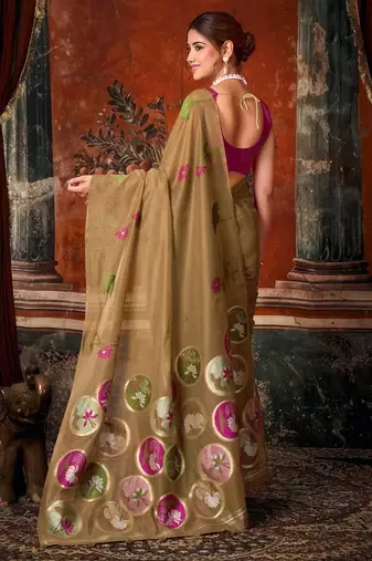 Brown khadi cotton blend jhallar saree