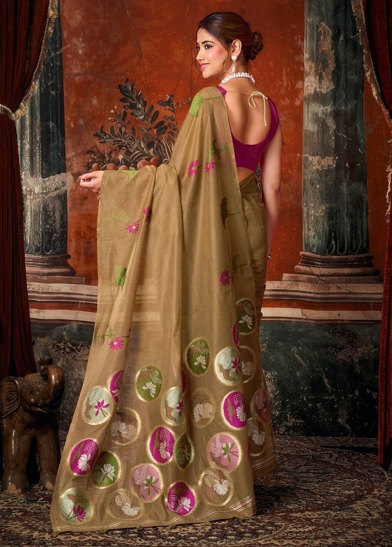Brown khadi cotton blend jhallar saree