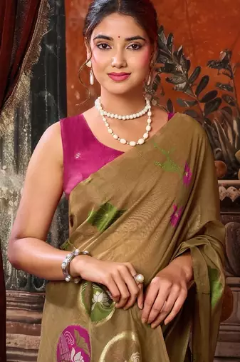 Brown khadi cotton blend jhallar saree