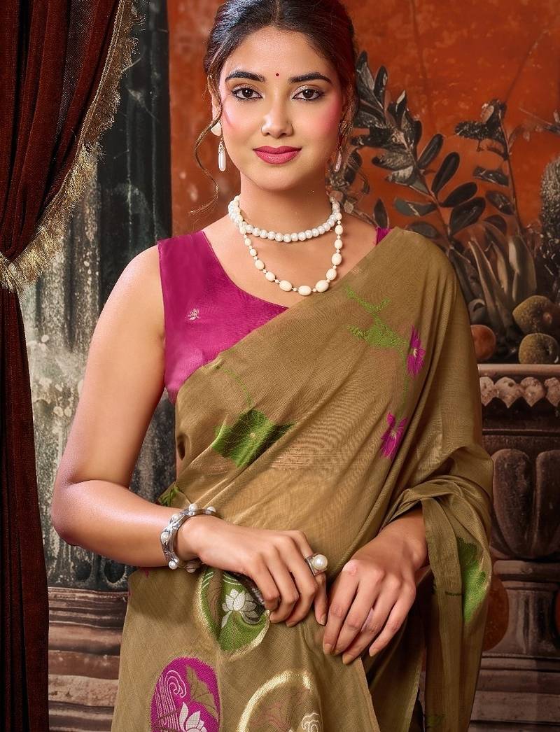 Brown khadi cotton blend jhallar saree