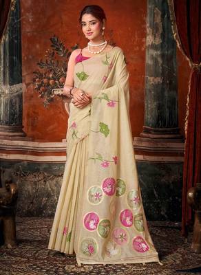 Cream khadi cotton blend jhallar saree 1