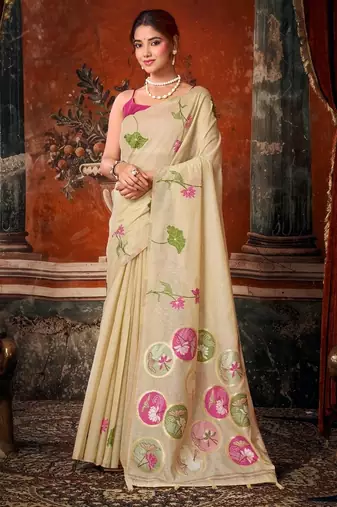 Cream khadi cotton blend jhallar saree