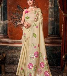 Cream khadi cotton blend jhallar saree