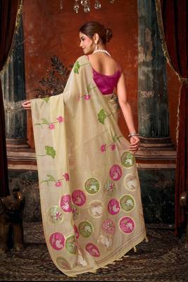 Cream khadi cotton blend jhallar saree 2