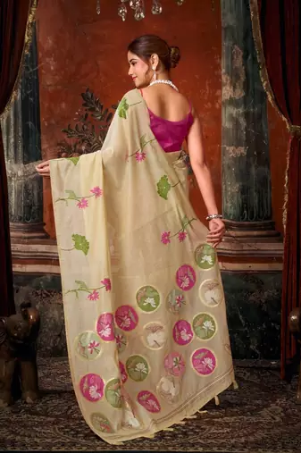 Cream khadi cotton blend jhallar saree