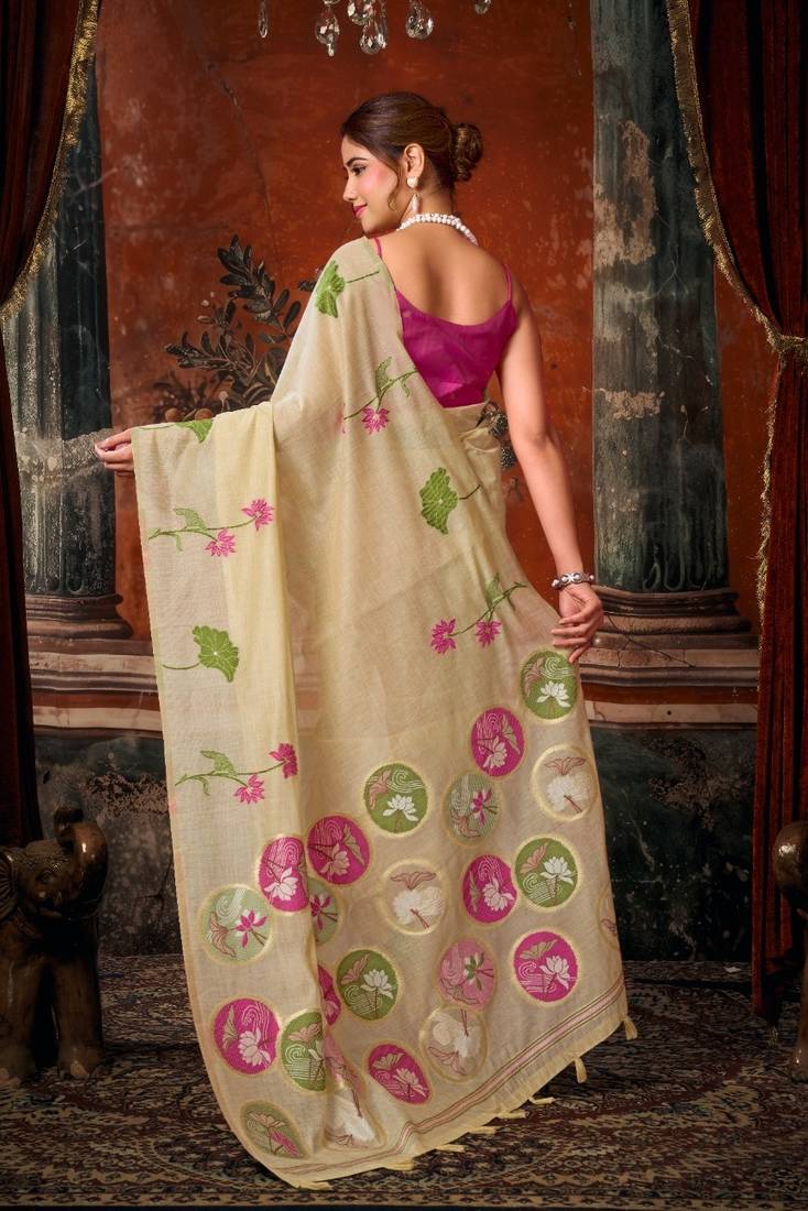 Cream khadi cotton blend jhallar saree