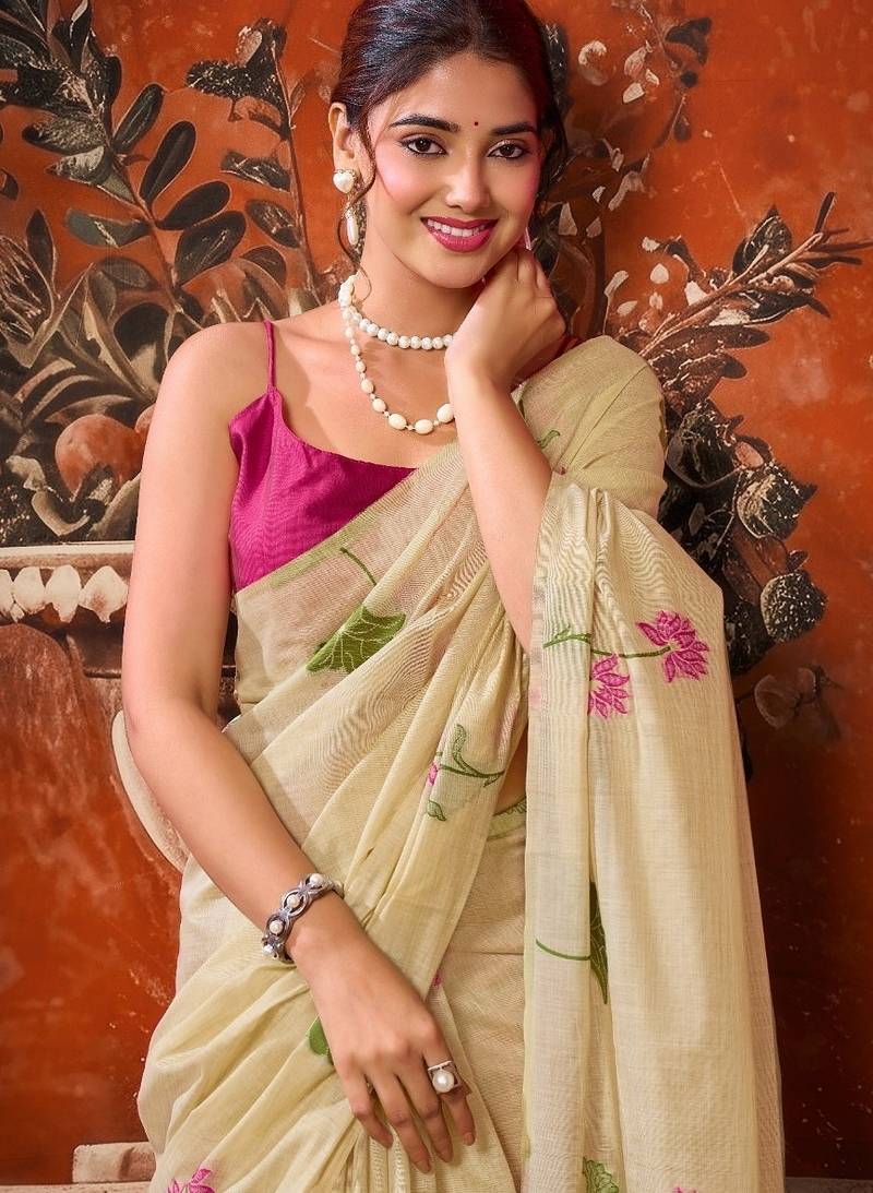 Cream khadi cotton blend jhallar saree