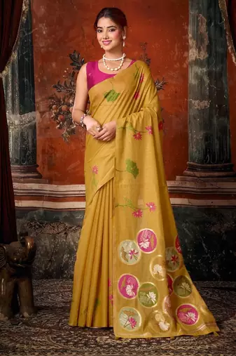 Gold khadi cotton blend jhallar saree