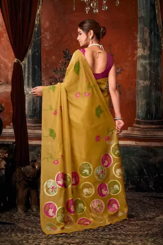 Gold khadi cotton blend jhallar saree