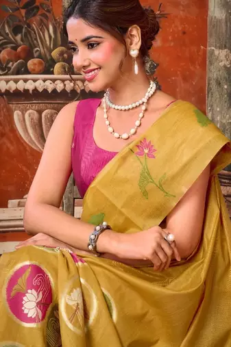 Gold khadi cotton blend jhallar saree