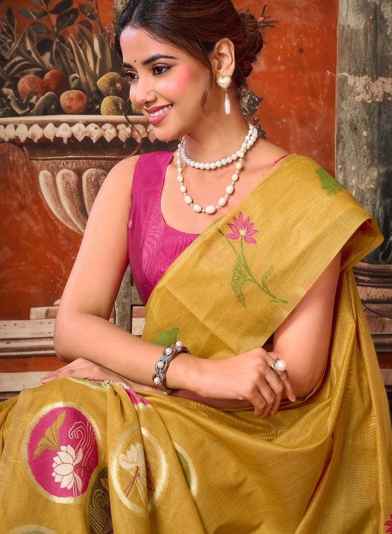 Gold khadi cotton blend jhallar saree