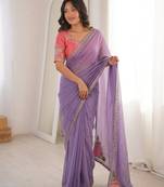 Purple soft rangoli silk blend embroidered saree with cutwork border