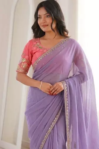 Purple soft rangoli silk blend embroidered saree with cutwork border