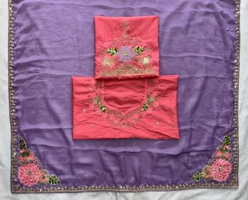 Purple soft rangoli silk blend embroidered saree with cutwork border 4