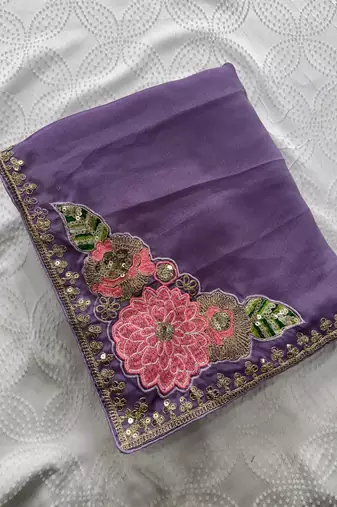 Purple soft rangoli silk blend embroidered saree with cutwork border