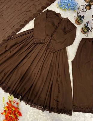Chocolate silk blend embroidered gown set 2