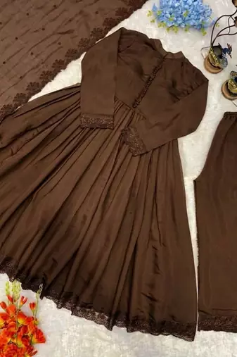 Chocolate silk blend embroidered gown set