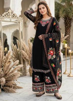 Black Color Thread And Embroidery Work Fuax Georgete Salwar Suit 1