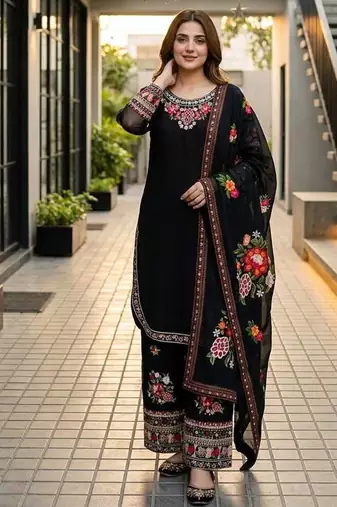Black Color Thread And Embroidery Work Fuax Georgete Salwar Suit