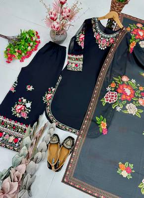 Black Color Thread And Embroidery Work Fuax Georgete Salwar Suit 3