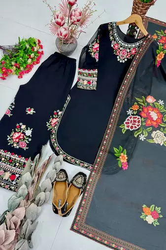 Black Color Thread And Embroidery Work Fuax Georgete Salwar Suit