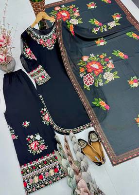 Black Color Thread And Embroidery Work Fuax Georgete Salwar Suit 4