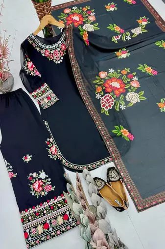 Black Color Thread And Embroidery Work Fuax Georgete Salwar Suit