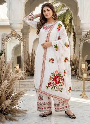 White Color Thread And Embroidery Work Fuax Georgete Salwar Suit 1