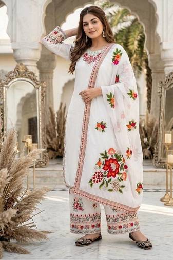 White Color Thread And Embroidery Work Fuax Georgete Salwar Suit