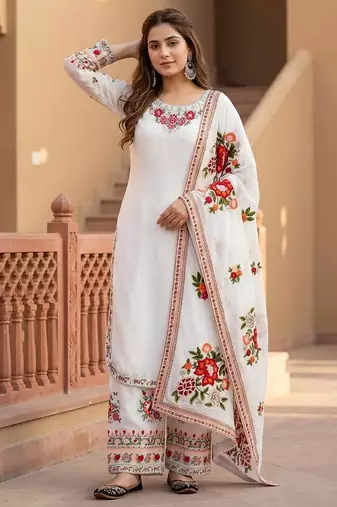 White Color Thread And Embroidery Work Fuax Georgete Salwar Suit
