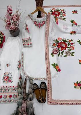 White Color Thread And Embroidery Work Fuax Georgete Salwar Suit 3