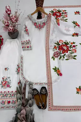 White Color Thread And Embroidery Work Fuax Georgete Salwar Suit