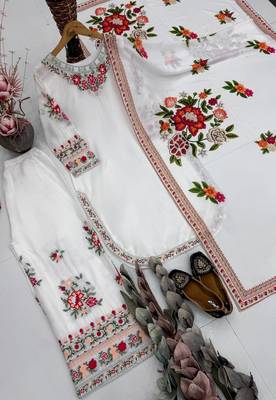 White Color Thread And Embroidery Work Fuax Georgete Salwar Suit 4