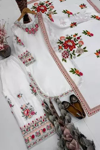 White Color Thread And Embroidery Work Fuax Georgete Salwar Suit