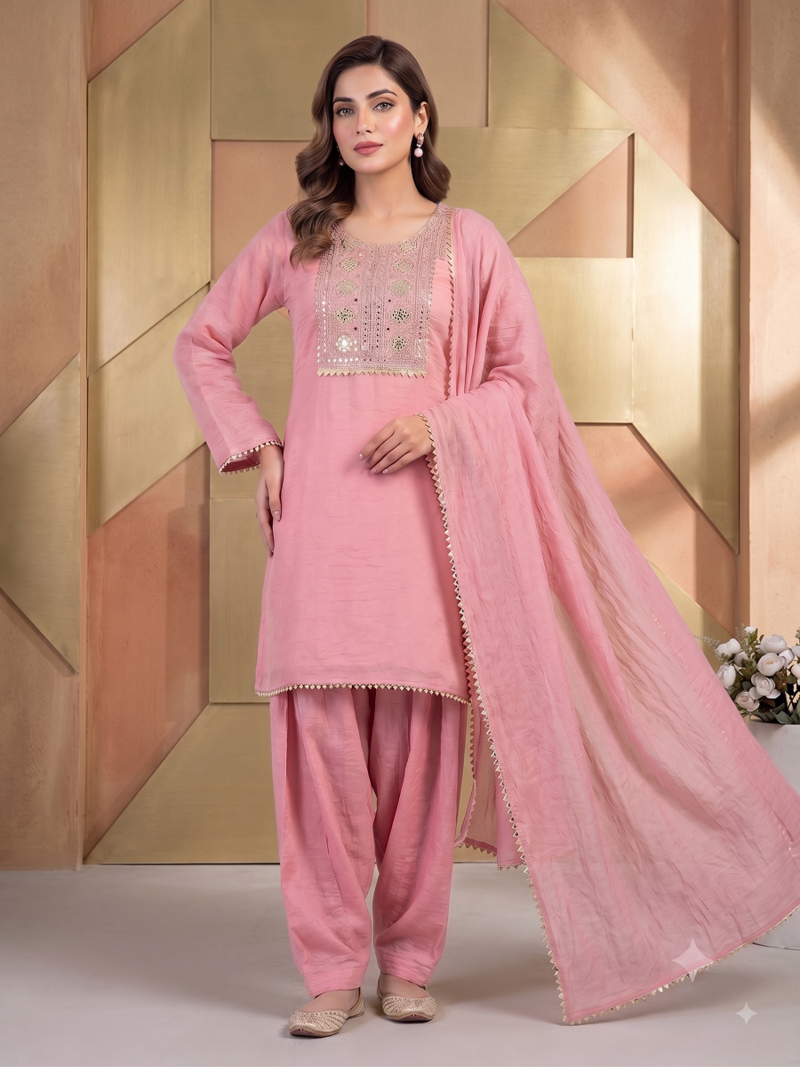 Pink embroidered kurta set with farshi salwar & dupatta