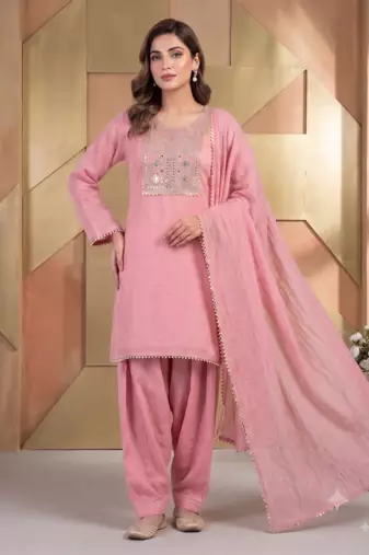 Pink embroidered kurta set with farshi salwar & dupatta
