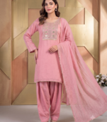 Pink embroidered kurta set with farshi salwar & dupatta