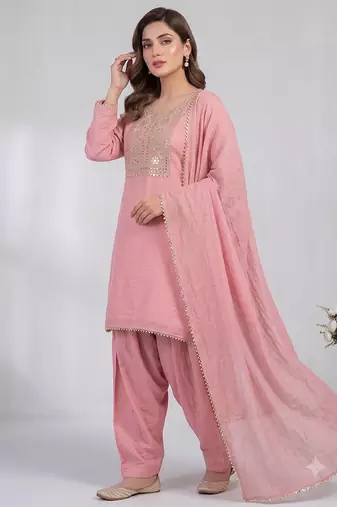Pink embroidered kurta set with farshi salwar & dupatta