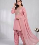 Pink embroidered kurta set with farshi salwar & dupatta