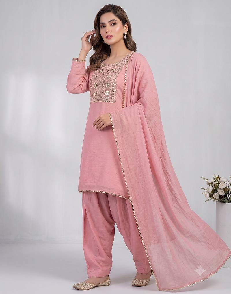 Pink embroidered kurta set with farshi salwar & dupatta